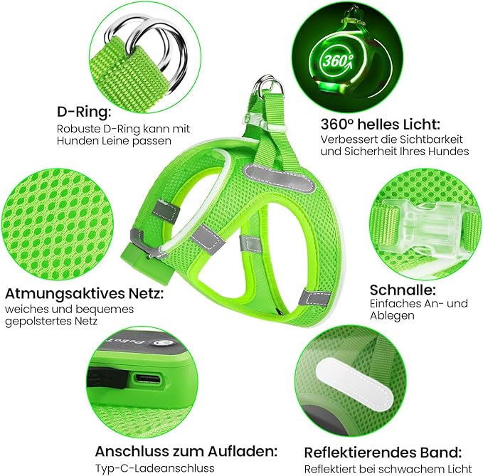 PceoTllar Light Up Dog Harness, LED No Pull Reflective Dog Harness, Flashing Lighted for Night Walking - Small/Medium, (Green L)