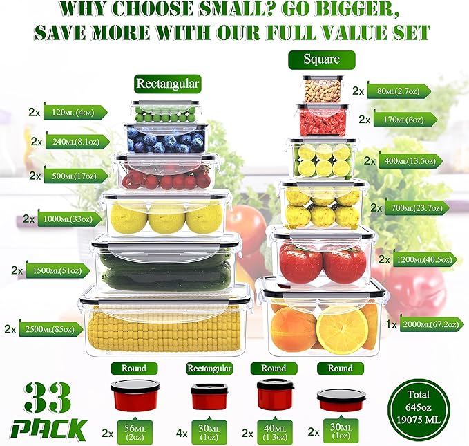 RockBerry 66 Pcs Large Food Storage Containers with Lids Airtight-Total 19075ML Stackable Kitchen Bowls Set(31 Containers,31 Lids) 2500ML to Small Box-BPA Free Leak proof Plastic Boxes-Microwave safe