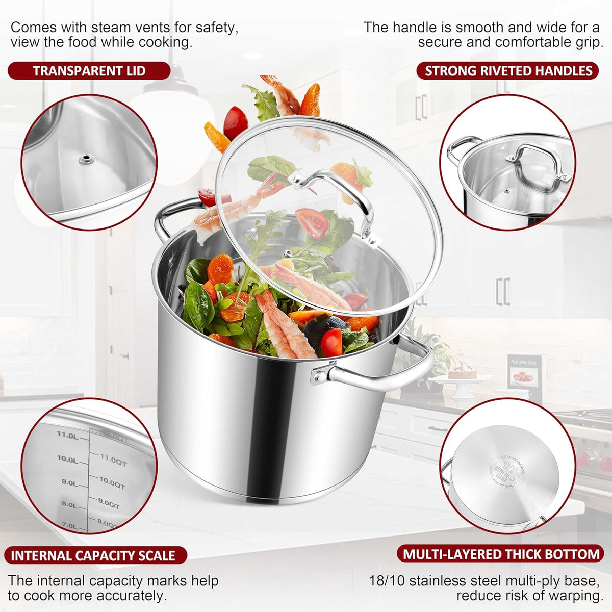 Herogo 12-Quart 18/10 Stainless Steel Stock Pot with Lid, Large Heavy Duty Soup Pot Compatible with Electric, Gas, Induction and Various Cooktops, Dishwasher Safe