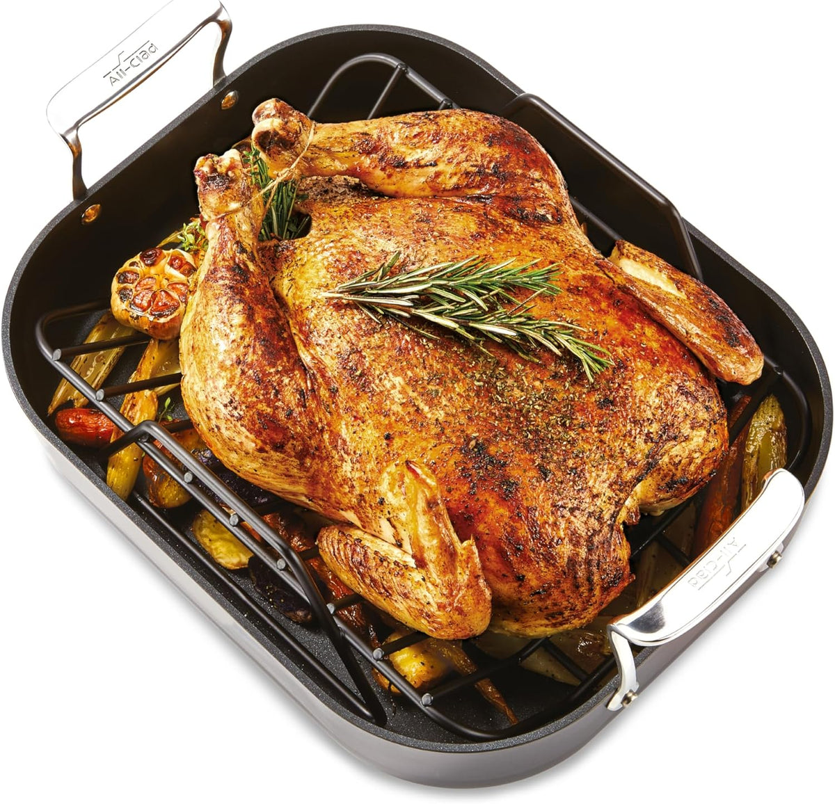 All-Clad Essentials Hard Anodized Nonstick Roaster with Rack 11x14 Inch Oven Broiler Safe 500F Roaster Pan, Pots and Pans, Cookware Black