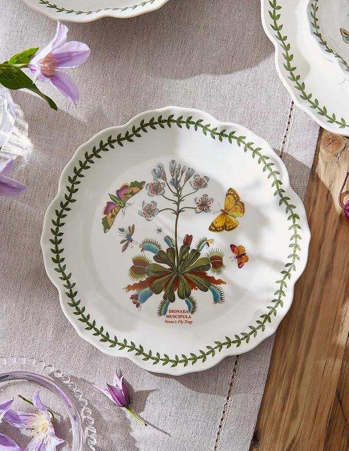 Portmeirion Botanic Garden Lotus 9" Salad Plate, Venus Fly Trap Illustration - Floral Scalloped Shaped Porcelain Dish for Appetizers or Desserts, Dishwasher & Oven Safe