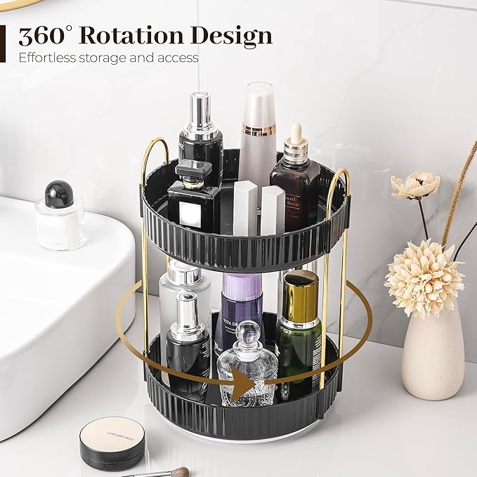 Aveniee 360 Rotating Makeup Organizer for Vanity, Skincare Perfume Organizers, 2 Tiered Bathroom Countertop Storage, Black Cosmetics Lipstick Skin Care Holder for Dresser