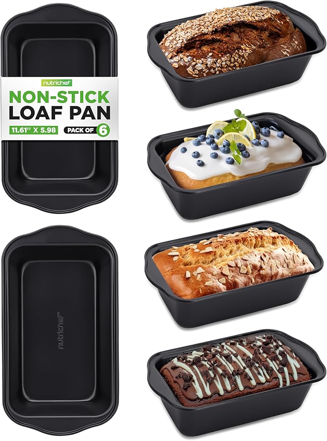 NutriChef Loaf Pans Set of 6 | Non-Stick Premium Bread Pans Quick & Even Heat Distribution | Oven Safe To 450 F | No PFOA, PFOS & PTFE | Food Grade Carbon Steel | 11.61 x 5.98 x 2.56 Inches (Black)