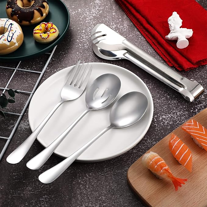 Patelai 8 Pieces Christmas Stainless Steel Silver Serving Utensils Set 8.7" Large Spoons and Slotted Spoon 9.45" Tong 9" Forks Flatware Wedding Party Buffet Banquet Cooking Kitchen Catering