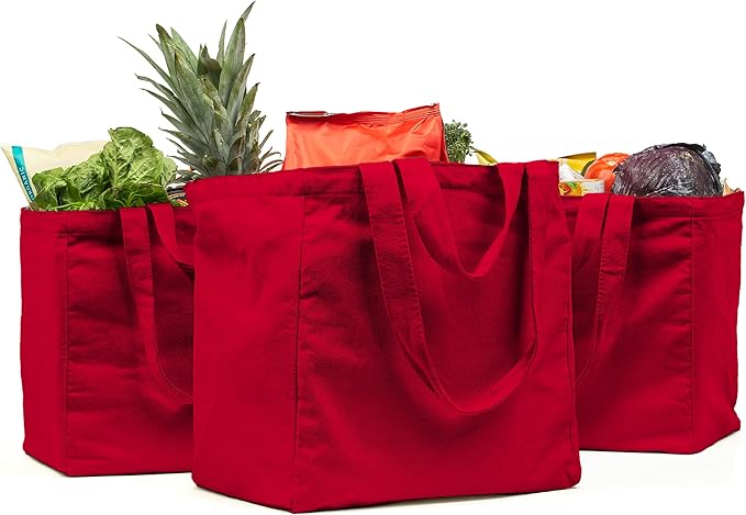 VeraMia Canvas Grocery Bag 3pc XL Set with Real Pockets, Long Shoulder Strap and Short Handle. Heavy Duty, Foldable, Washable