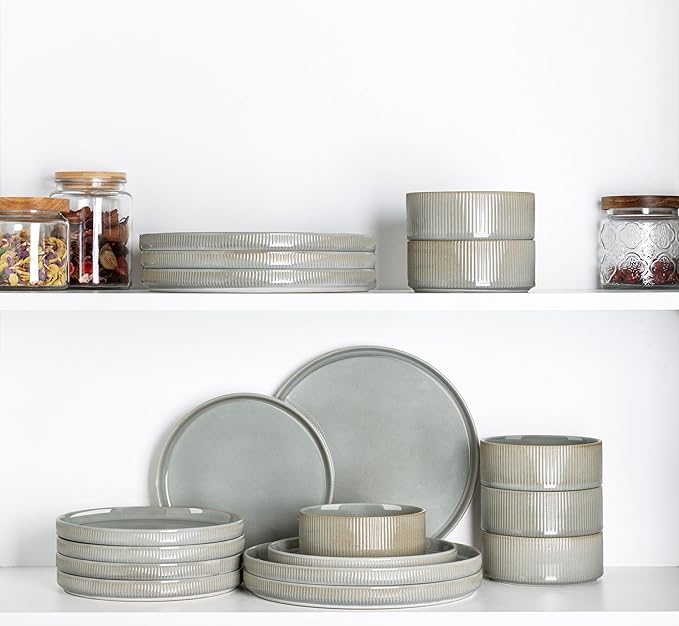 TheTerra Ceramic Dinnerware Sets for 4, 12 Pieces Porcelain Lightweight Plates and Bowls Sets, Scratch Resistant Dish Set, Oven & Microwave & Dishwasher Safe, Desert Sage