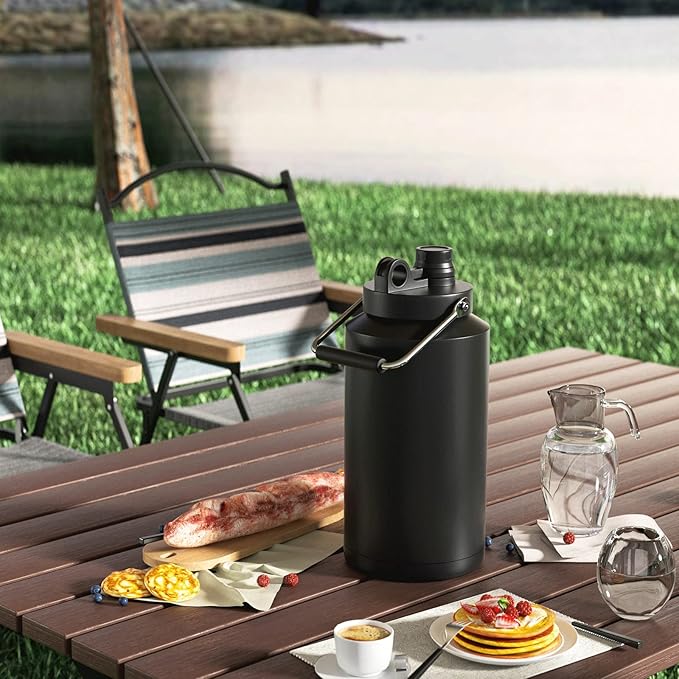 Kerilyn Insulated Gallon Jug with Handle, One Gallon, 128oz Stainless Steel, Large Double Vacuum Water Bottle for Hot & Cold Drinks, Wide Mouth, Sweat Proof, Great for Travel, Camping, Black