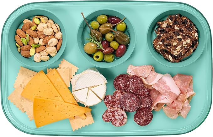 madesmart dipware 3 Bowl Serving Tray, Collapsible & Removable Dip Bowls for Charcuterie, Guacomole, Snacks, Veggies, Premium Dishwasher & Microwave Safe, Multipurpose Plate & Bowl, Teal