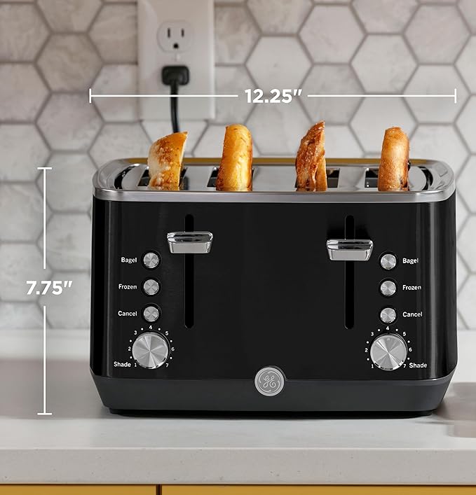 GE 4 Slice Toaster | Extra Wide Slots for Bagels, Breads, Waffles & More | 7 Shade Options | Countertop Kitchen Essentials | 1500 watt, Black