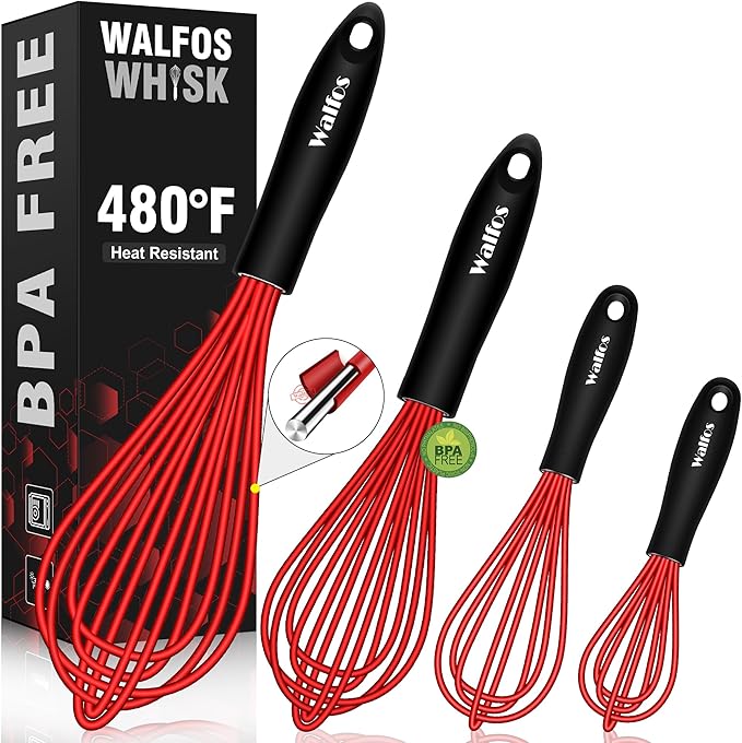 Walfos Whisk,Silicone Whisk Non Scratch-Whisks for cooking set of 4 Heat Resistant(480°F).Nice for Blending Beating Stirring and Kitchen Cooking &Baking.BPA Free and Dishwasher safe.(5+7+9+11inch )Red