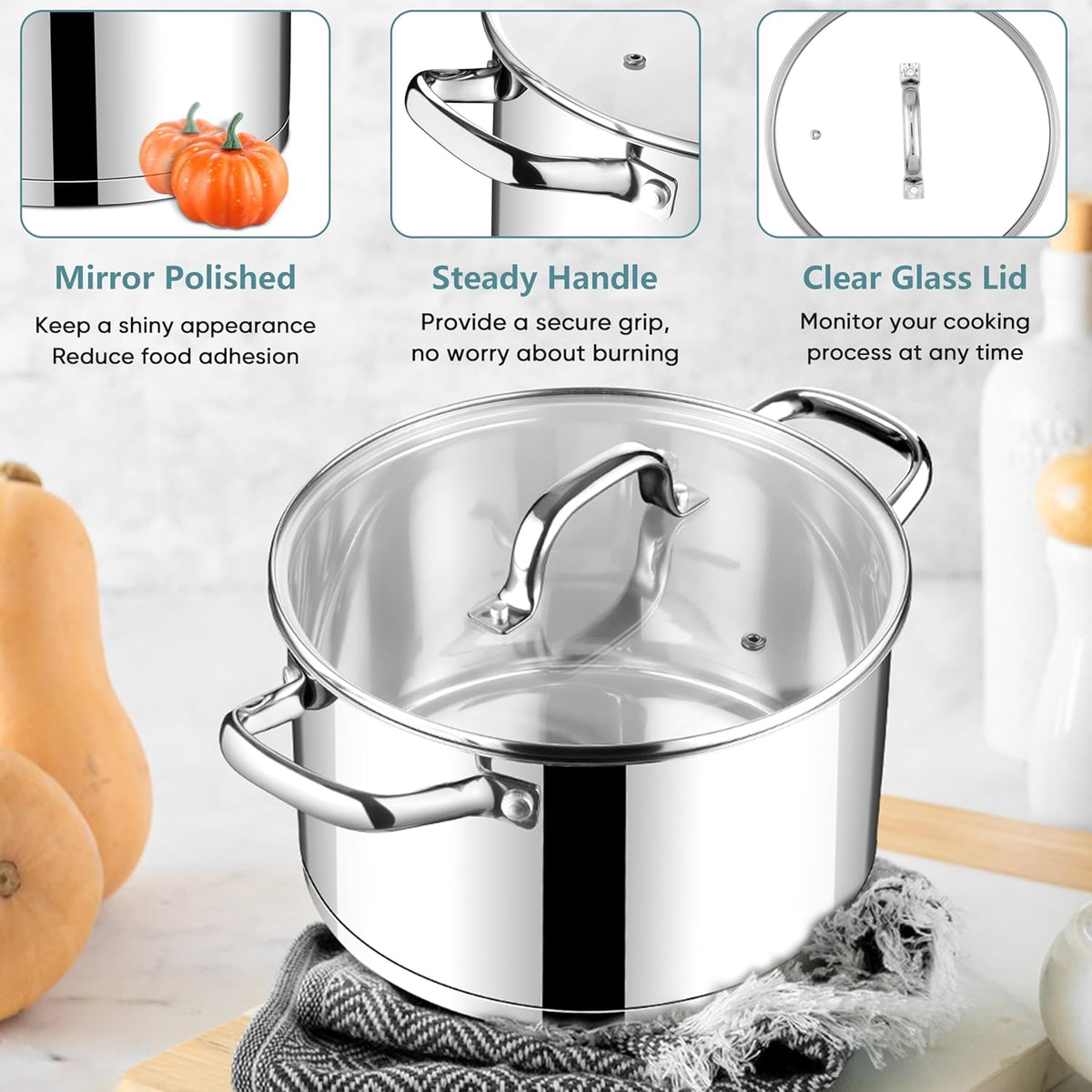 E-far 6 Quart Stock Pot with Lid, Stainless Steel Stockpot for Cooking Simmering Soup Pasta Sauce, with Tri-Ply Bottom & Visible Cover, Induction/Gas/Dishwasher Safe, Heavy Duty & Non Toxic