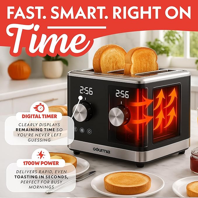 Gourmia 4 Slice Toaster, Double-Sided – Dual Independent Controls, Bagel, Defrost & Reheat Mode, 6 Browning Levels, Extra Wide Slots, Removable Crumb Tray, Compact Design, Black
