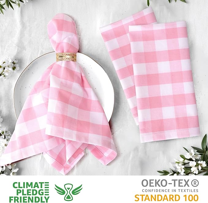 Urban Villa Cloth Napkins 100% Cotton Dinner Napkins Highly Absorbent 20x20 Inches (Set of 12) Pink White Buffalo Checks Reusable Washable Soft Durable Premium Napkins Ideal for Home Wedding Parties