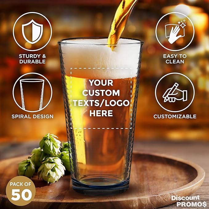 Custom Spiral Pint Glass 16 oz. Set of 50, Personalized Bulk Pack - Beer Glasses, Heavy Duty Drinkware - Blue
