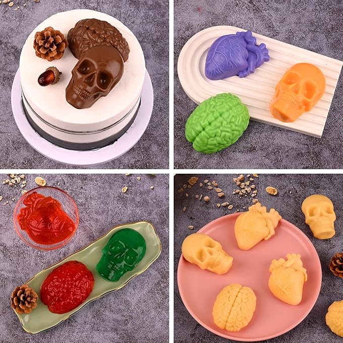 Sakolla Skull Brain and Heart Silicone Mold, 2 Pack Halloween Baking Molds for Make Human Organs shape Cake, Chocolate, Gelatin, Jelly, Soap and Resin