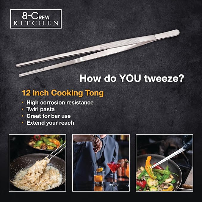 8-CREW KITCHEN Professional Chef Tongs 2 pc Set - 12” 304 Stainless Steel Tweezer for Cooking and Multi-Use - 6” Culinary Tweezer for Plating, Bar and Food Decorating