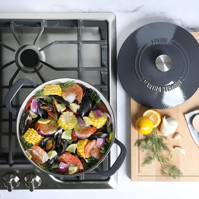 Martha Stewart Gatwick 7 QT Enamel Cast Iron Dutch Oven – Gray, Durable Heavy-Duty Dutch Oven for Slow Cooking, Braising, and Baking