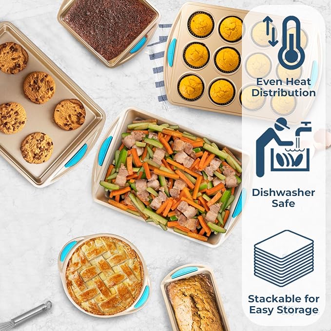 Perlli Baking Kit: Nonstick Gold Steel Oven Set - 6 Pieces, Round Cake Pan, Loaf Pan, Square Pan, Muffin Pan, Cookie Sheet, Roaster - Silicone Handles