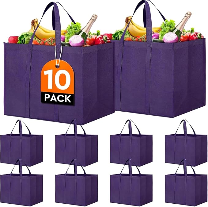 WISELIFE Reusable Grocery Shopping Bags 10 Pack Large Foldable Tote Bags Bulk, Eco Produce Bags with Long Handle for Shopping Groceries Clothes (Purple)