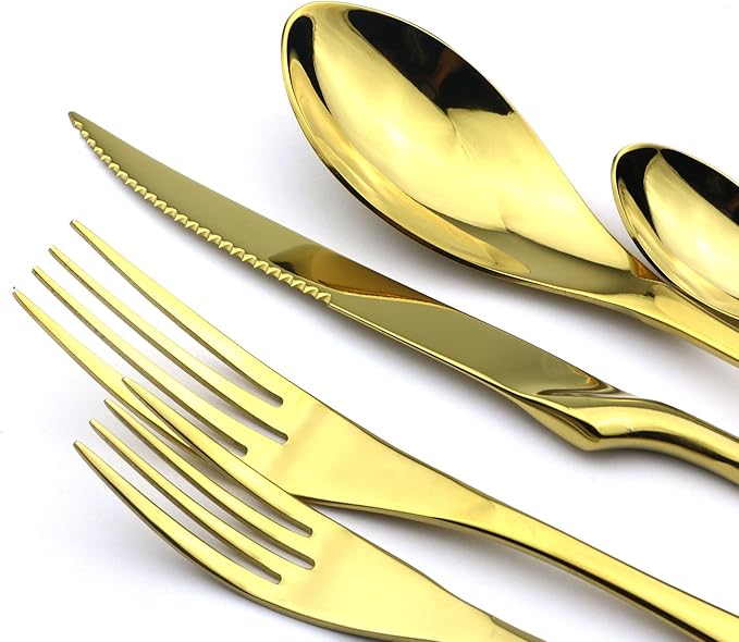 20-Piece 18/10 Stainless Steel Serrated Steak Knife Flatware Set, Mirror Polishing Gold,Service for 4