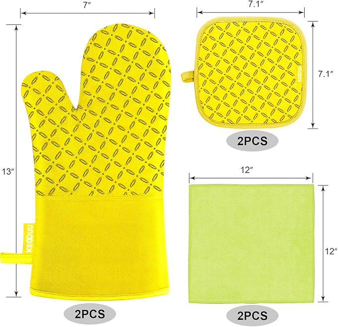 KEGOUU Oven Mitts and Pot Holders 6pcs Set, Kitchen Oven Glove High Heat Resistant 500 Degree Extra Long Oven Mitts and Potholder with Non-Slip Silicone Surface for Cooking (Yellow)