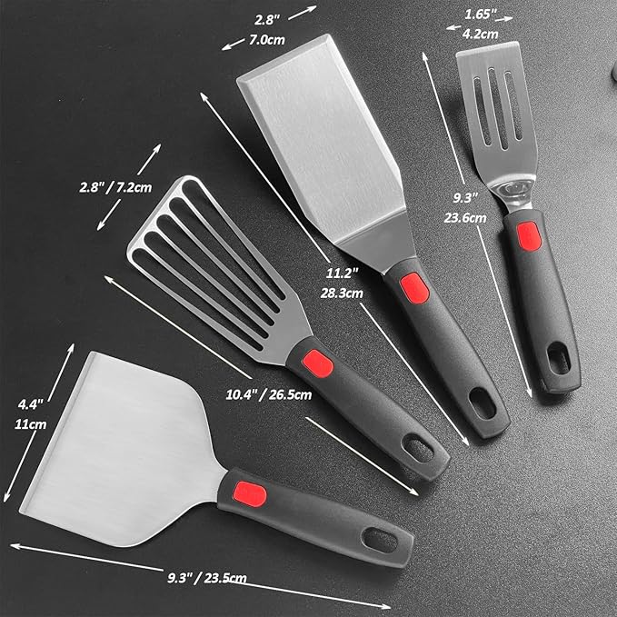 Stainless Steel Spatula Set with Heat Resistant Silicone Handle, VOVOLY Metal Spatulas For Kitchen Use, Thickened Smash Burger Spatula, Mini Brownie Spatula, Fish Flipper, Grill Scraper