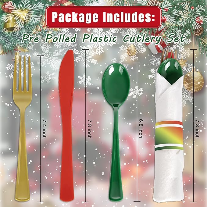 Liacere 100Pack Pre Rolled Silverware and Napkin - Wrapped Plastic Cutlery Set with Napkin:100 Gold Forks,100 Red Knives,100 Green Spoons,100 Napkins for Christmas