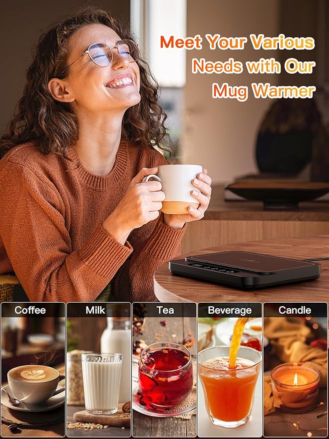 Misby Coffee Mug Warmer, 50W Large Heating Panel Mug Warmer with 6-Temp Settings, 8H Auto Shut-Off, 12H Timer, Ultra-Thin Design, Coffee Warmer for Desk, Ideal for Home, Office, and Travel (Black)