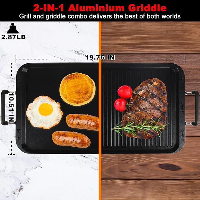 Vayepro 2-in-1 Stove Top Griddle & Grill Pan, 20 Inch Non-Stick Double Burner Griddle for Gas, Electric, and Camping Stoves, Perfect for Pancakes, BBQ, and Indoor/Outdoor Cooking