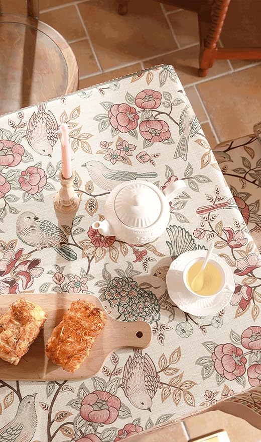patdrea Designer Pink Linen Table Cloth for Sqaure Table,French Tablecloth with Birds Pattern,Small Colorful Decoration Cover for Kitchen Dining,Christmas,Party,Thanksgiving,67"x67"-Kulom a