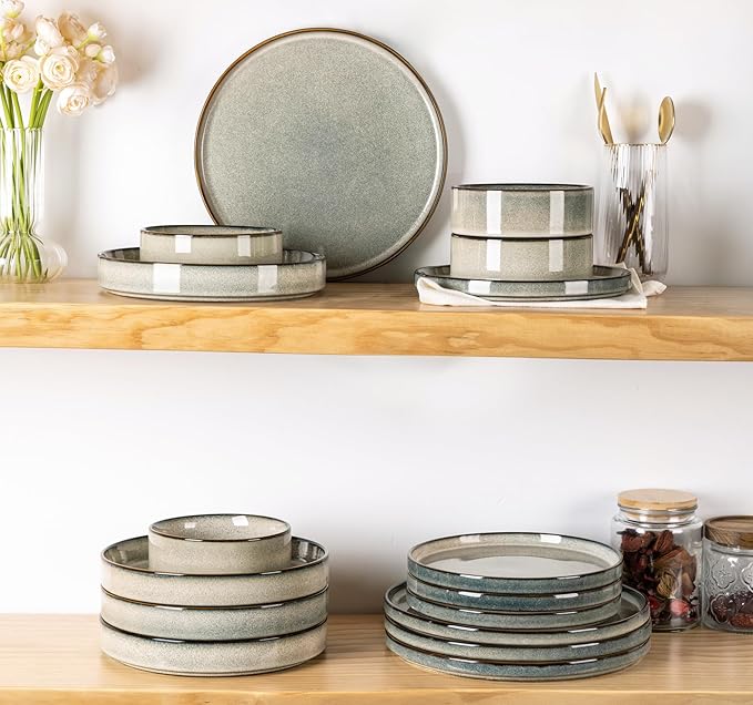 GBHOME Ceramic Dinnerware Sets for 8, 24 Pieces Stoneware Plates and Bowls Sets, Reactive Glaze Stackable Dish Set -Scratch Resistant, Dishwasher&Microwave Safe