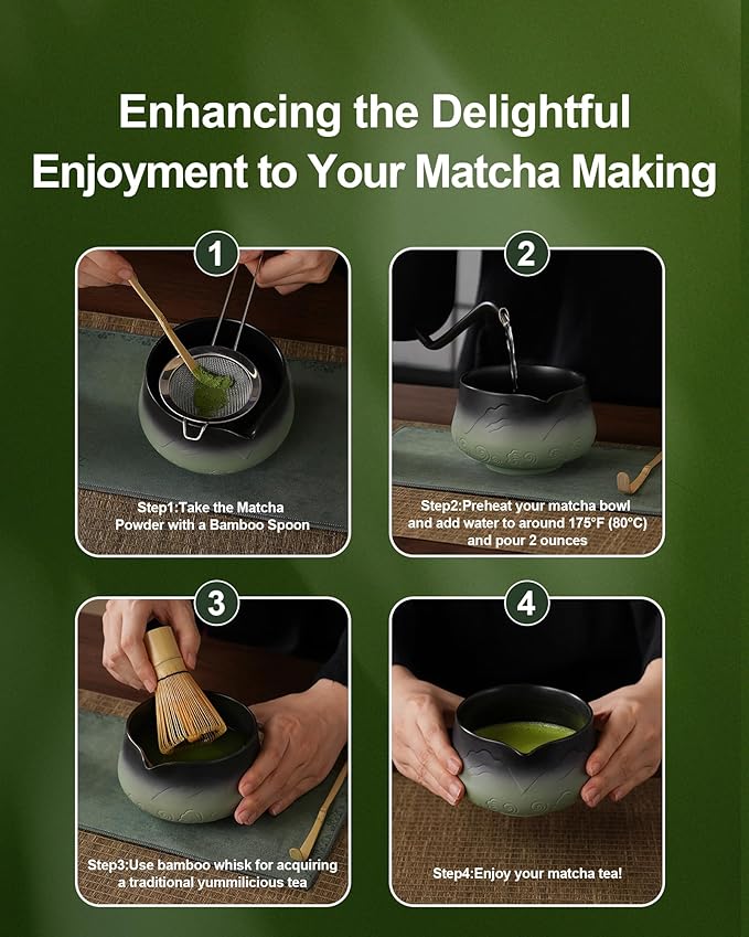 ZENS Matcha Whisk Set, 7pcs Matcha Kit Set with Ceramic Bowl and Matcha Cup, Bamboo Whisk & (Chasen Holder) Sifter, Scoop -Tea Towel, Japanese Chawan for Matcha-Making, Sage Green