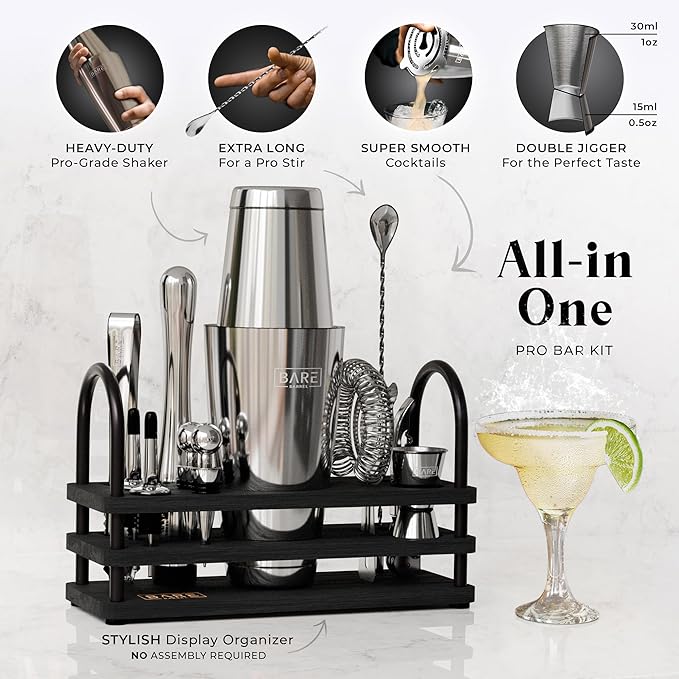 BARE BARREL® Mixology Bartender Kit Bar Set | 14-Piece Cocktail Shaker Set | Martini Barware Mixing Tools for Home Bartending | 35 Recipe Cards | Gift Set (28oz Boston Shaker, Silver/Black)