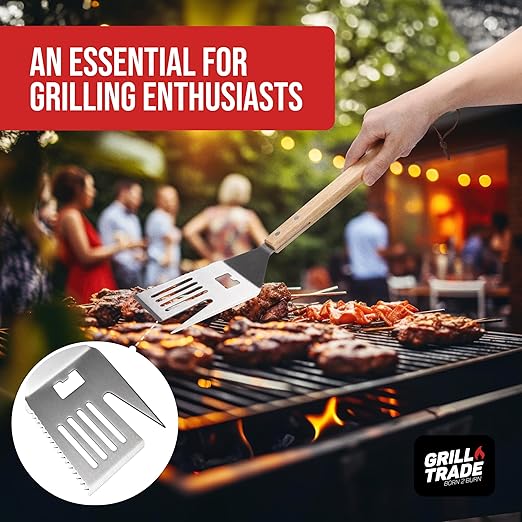 Grill Trade 5-in-1 Grill Spatula with Knife, Fork, Tenderizer, Bottle Opener, and Turner BBQ Tool - Multifunction with Wooden Handle-Ergonomic Cooking Tool for Outdoor Grilling, Flipping, Cutting-19''