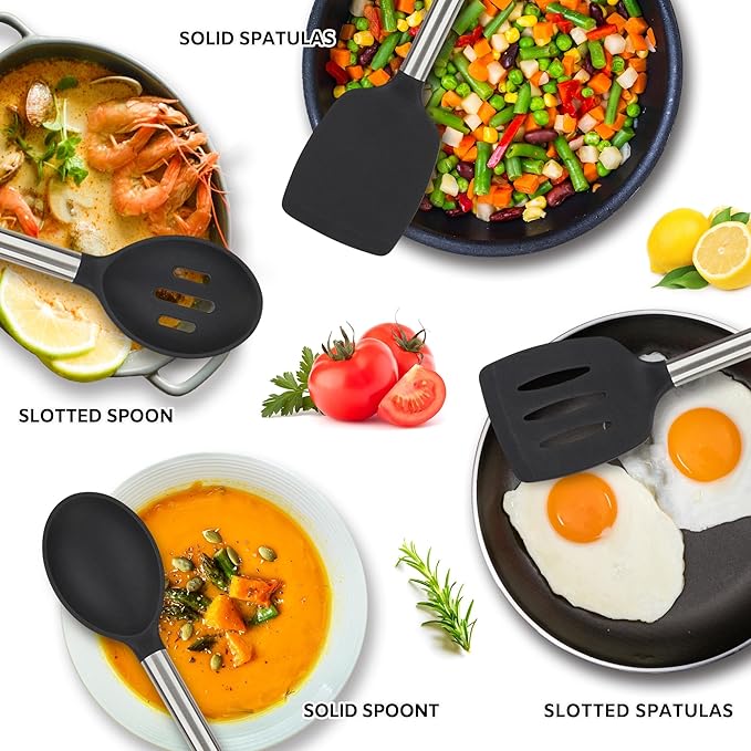 Kitchen Utensils Set of 4 Pack,Silicone Cooking Utensils Set for Nonstick Cookware,Perfect for Baking and Mixing,Spatula Set BPA Free,Dishwasher Safe,Black