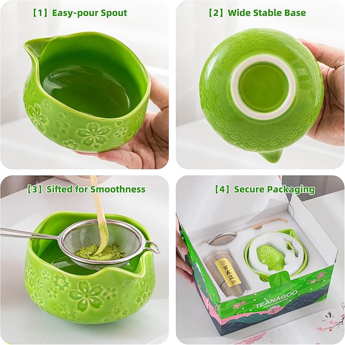 TEANAGOO 7-PCS Green Matcha Whisk Set with Cherry Blossom Design, Complete Ceremony Kit, Ceramic Chawan Bowl with Spout, Whisk & Accessories, Traditional Matcha Tea Set for Lattes& Gift Giving