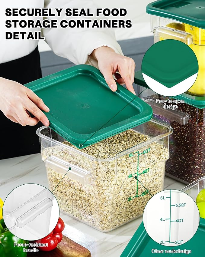 2QT&4QT NSF Food Storage Containers: 8 PCS[Food Grade] [Hot&Cold Resistant] Commercial Clear Square Food Storage Containers with Scales Handles for Home Restaurant Kitchen(BPA FREE)