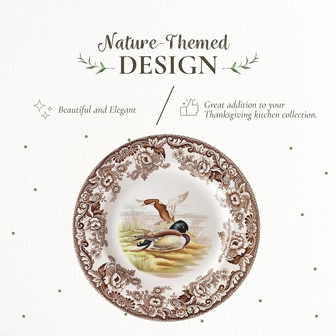 Spode Woodland Mallard 9" Soup Plate - Rustic Fine Earthenware Bowl for Soup, Salad, Pasta with Bird Design - Microwave, Oven, Freezer & Dishwasher Safe - Matches Woodland and Delamere Collections