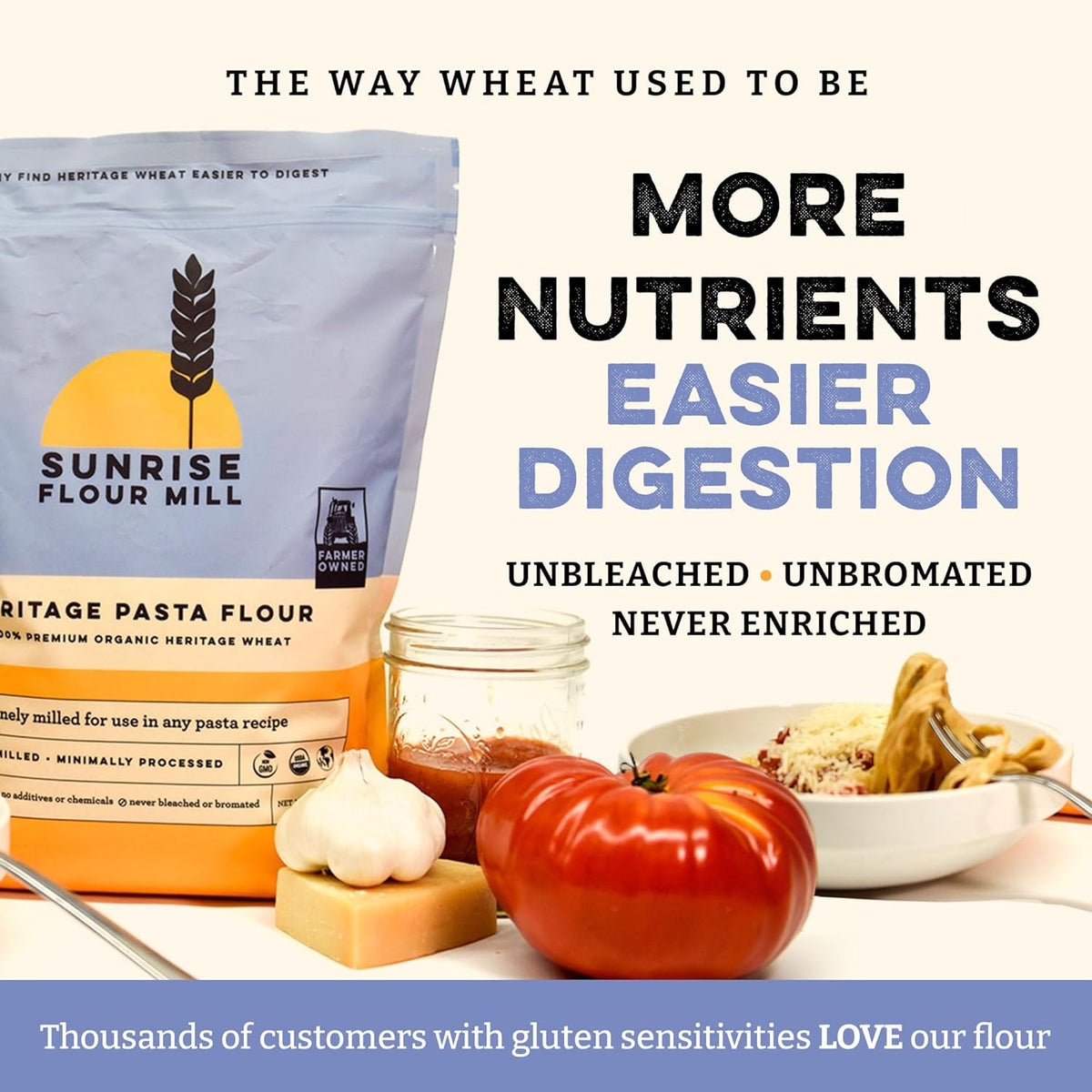 Sunrise Flour Mill USDA Organic Heritage Pasta Flour - 2 lbs | Milled from Hard Red Wheat | Easier to Digest with Less Bloating | No Bleaching or Bromating | Zero Additives