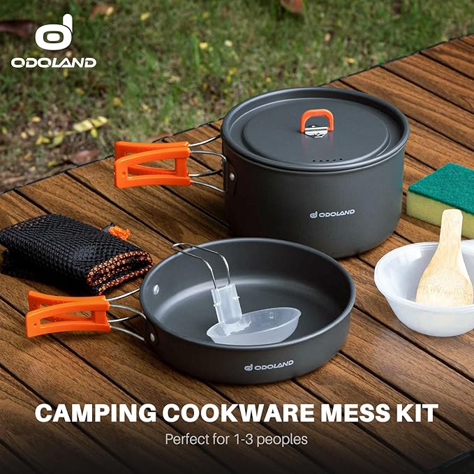 Odoland 9pcs Camping Cookware Non-Stick Lightweight Pots and Pans Set with Plastic Bowls Soup Spoon for Backpacking, Outdoor Cooking and Picnic