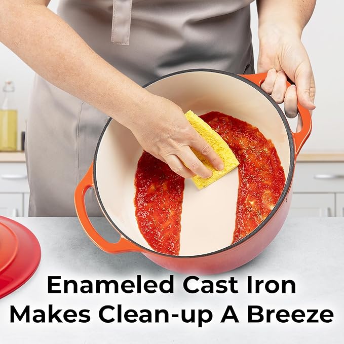 Zulay Kitchen 5 Quart Enameled Cast Iron Dutch Oven Pot with Lid – Premium Durability & Oven Safe up to 500°F – Heavy Duty Cookware Perfect for Bread Baking, Stews, Braising & Roasting – Orange