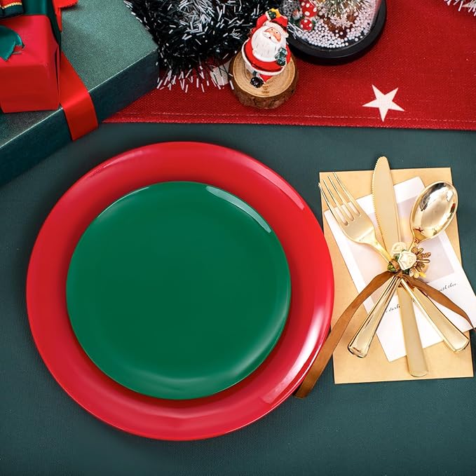 KIRE 60Pcs Plastic Plates, Premium Disposable Christmas Dinner & Dessert Plates, Modern Design, Green & Red, 30 of Each, All Seasons, 7.5inch/10.25inch, 0.1lbs, for Parties & Easter