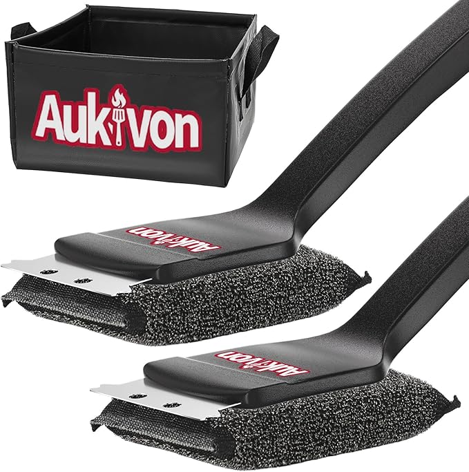 2PCS Upgraded Grill Brush for Outdoor Grill with Water Dunk Basin, Bristle Free, Steel Fiber Grill Brush for Cast Iron/Porcelain/Charcoal/Stainless Steel Grates, Gift for Men/Dad