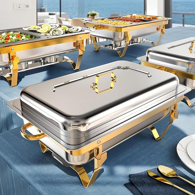 9Qt 4 Pack [Multiple Food Pans Combo] Chafing Dishes for Buffet | High Grade [Durable and Hard] Chafing Dish for Parties, Events & Weddings, Indoors & Outdoors, Gold
