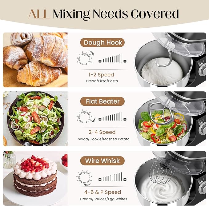 800W Stand Mixer with 5.3QT Bowl, 6-Speed with Pulse Electric Kitchen Mixer, Food Mixer with Dough Hook, Whisk, Beater Tilt-Head & Non-Slip Base for Cookie, Cake, Bread & Baking-Black