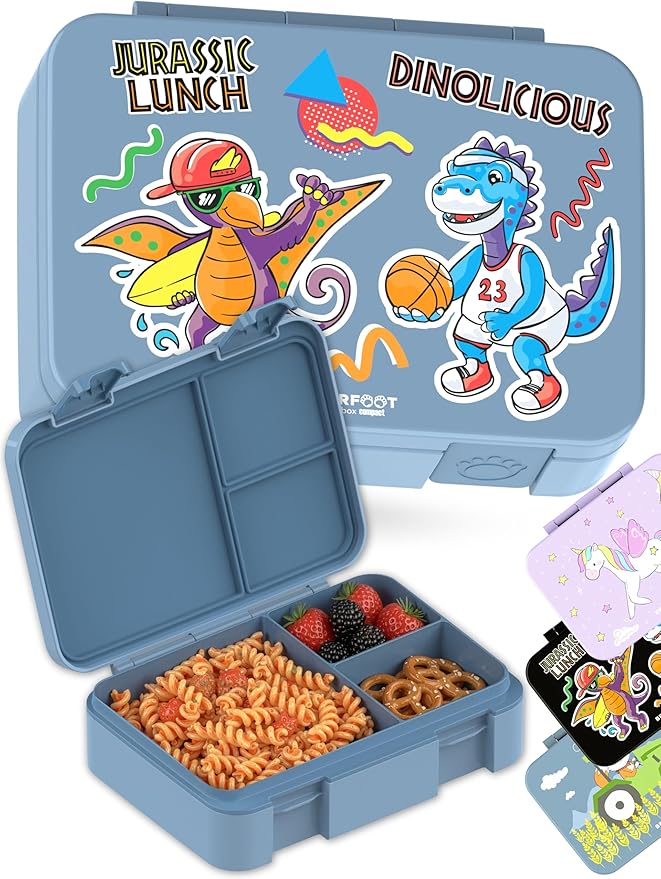 BEARFOOT Kids Lunch Box with Compartments – Compact & Lightweight | Leak-Proof, BPA-Free, Dishwasher & Microwave Safe | Hand-Drawn Design for Preschool, School, Travel (Dinos Blue, 4 Cups)