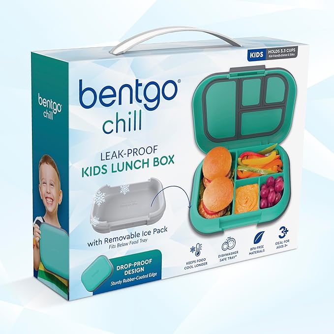 Bentgo Chill Kids Leak-Proof Lunch Box - 4-Compartment Bento Box with Built-In Ice Pack, 3.3 Cup Capacity, PFAS & BPA-Free, Microwave & Dishwasher Safe, Ideal Size for Ages 3 to 7 (Green/Navy)