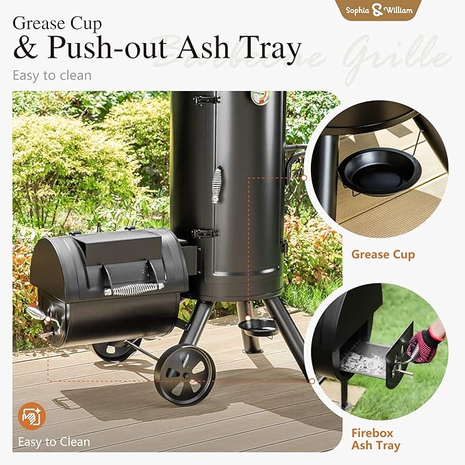 Sophia & William Heavy-Duty Vertical Offset Charcoal Smoker Extra Large Outdoor BBQ Gill with Offset Smoker, 961 SQ.IN. Cooking Area with Warming Tray,Push-out Ash Tray for Event Gathering, Black