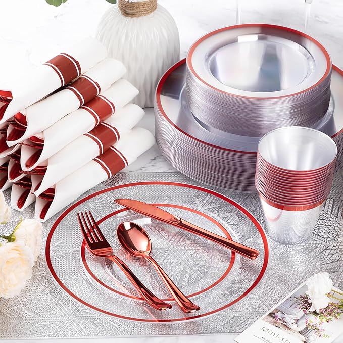 Goodluck 175 Piece Red Plastic Dinnerware Set for Party, Clear Disposable Plates for 25 Guests, Include: 25 Dinner Plastic Plates, 25 Dessert Plates, 25 Pre Rolled Napkins with Cutlery Set, 25 Cups