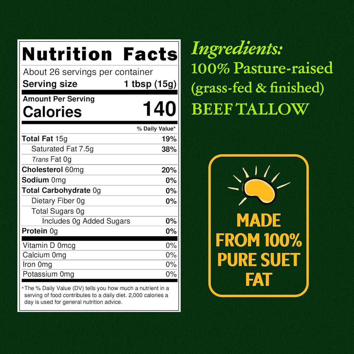 Pasture Raised Beef Tallow, Grass-Fed & Grass-Finished, Made from Beef Suet for more nutrients, Glass Jar